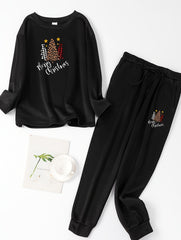  Christmas Loungewear Set Women's Plus Slogan & Tree Print Pajama Set