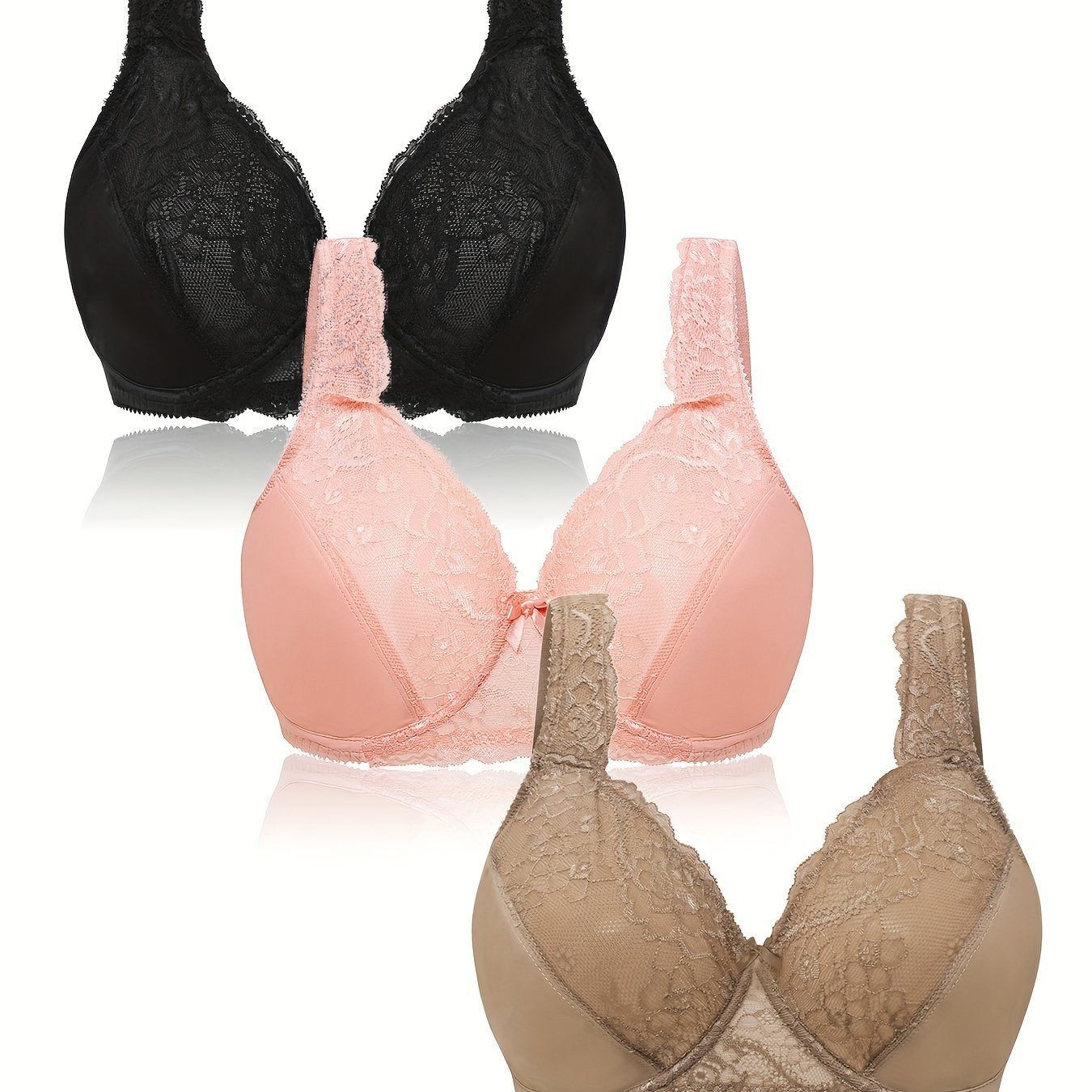 3-Pack Lace Full Cover Underwire Bras Set - Plus Size
