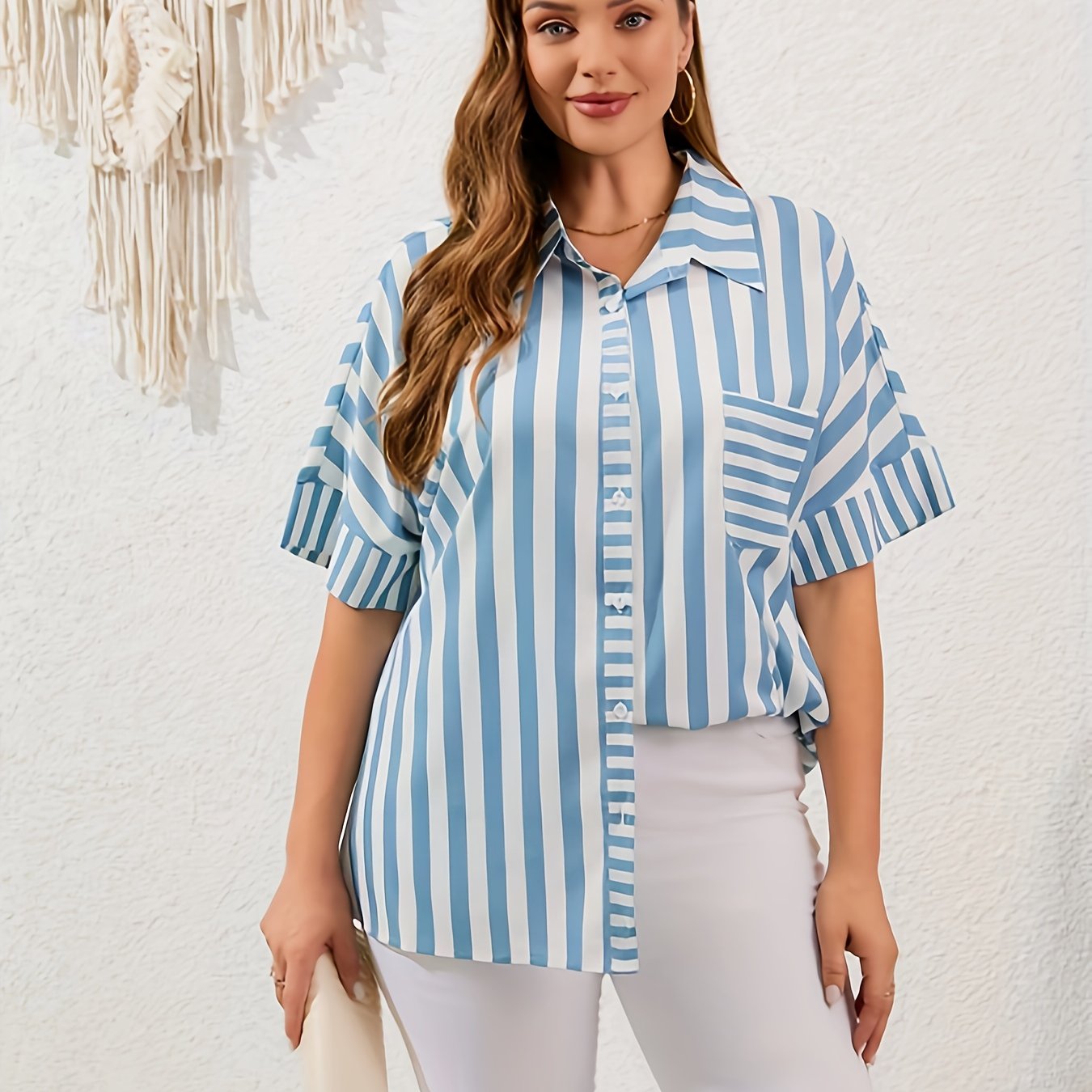  Nautical Stripe Print Button Up Bat Sleeve Shirt
