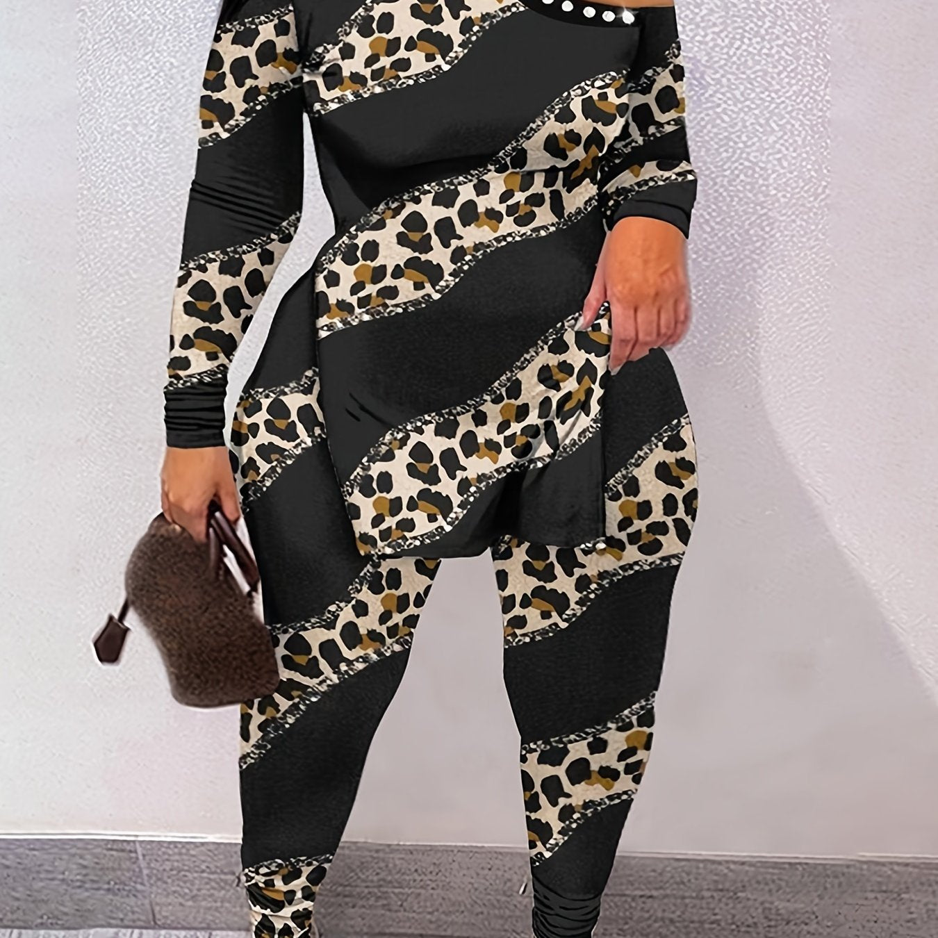 Women's Plus Fluid Print One Shoulder Top & Pants Outfit Set
