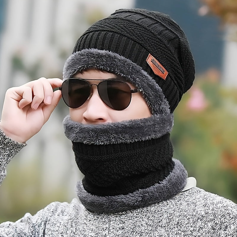 2pcs Men's Woolen Knit Hat & Neck Warmer Set