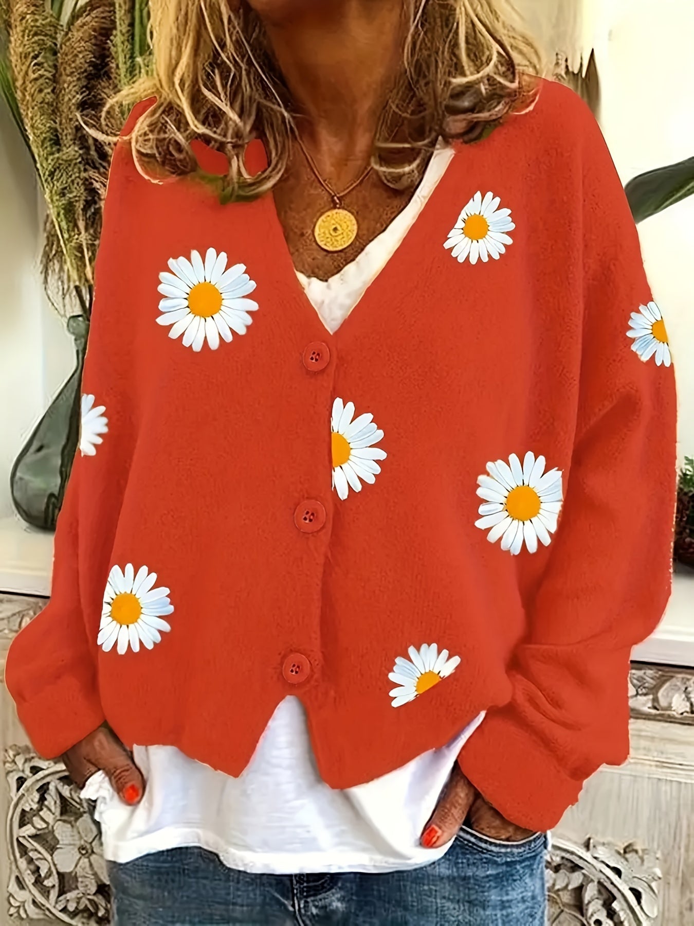 Daisy Pattern Embroidered Knitted Cardigan Sweater for Women