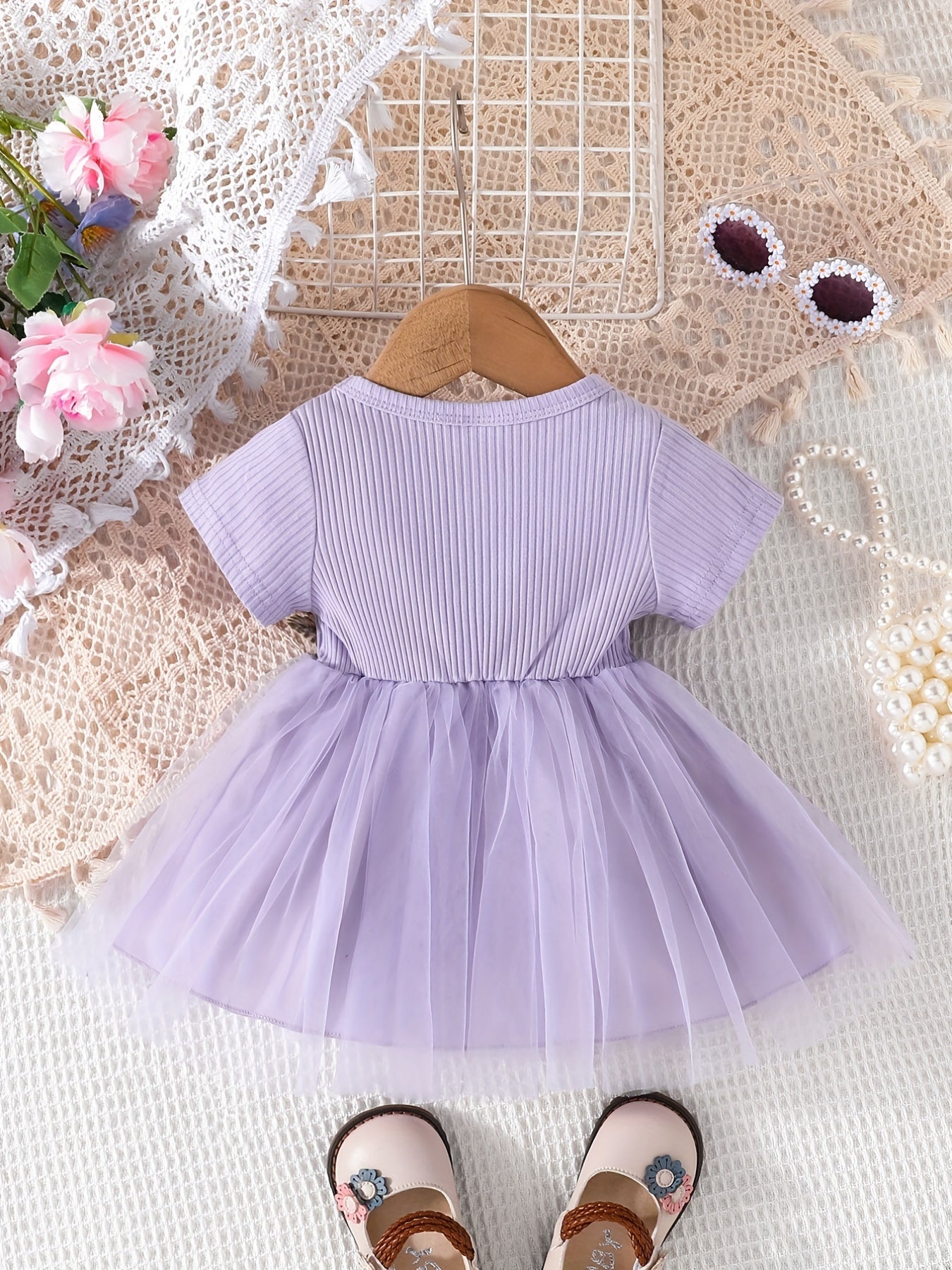 Floral Embroidery Short Sleeve Mesh Dress for Baby Girl