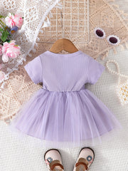 Floral Embroidery Short Sleeve Mesh Dress for Baby Girl
