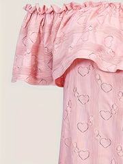  Heart Print Off Shoulder Blouse Ruffle Trim