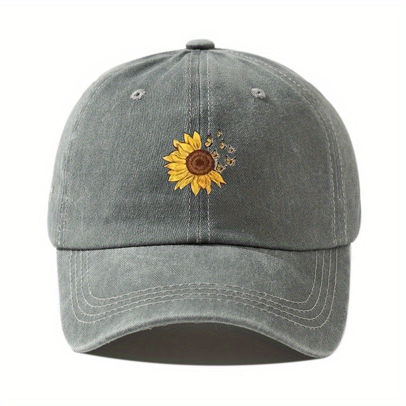 Butterfly Sunflower Print Baseball Cap Denim Washed Dad Hat