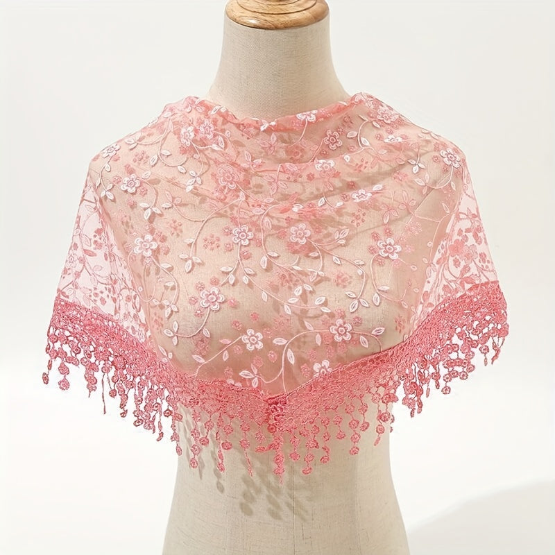 Floral Embroidery Triangle Scarf Lace Tassel Head Wrap