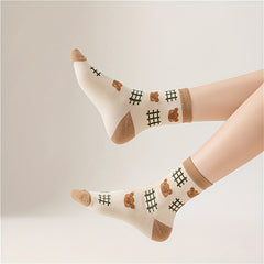 6 Pairs Cartoon Bear Print Socks Cute & Comfy Women's Mid Tube Stockings