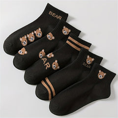 5 Pairs Cartoon Bear Print Socks & Crew Short Socks Women's Stockings