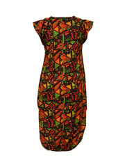  Women's Geometric Print Ruffle Sleeve Dress