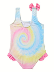 Girls Gradient Tie Dye Ruffle Trim Swimsuit