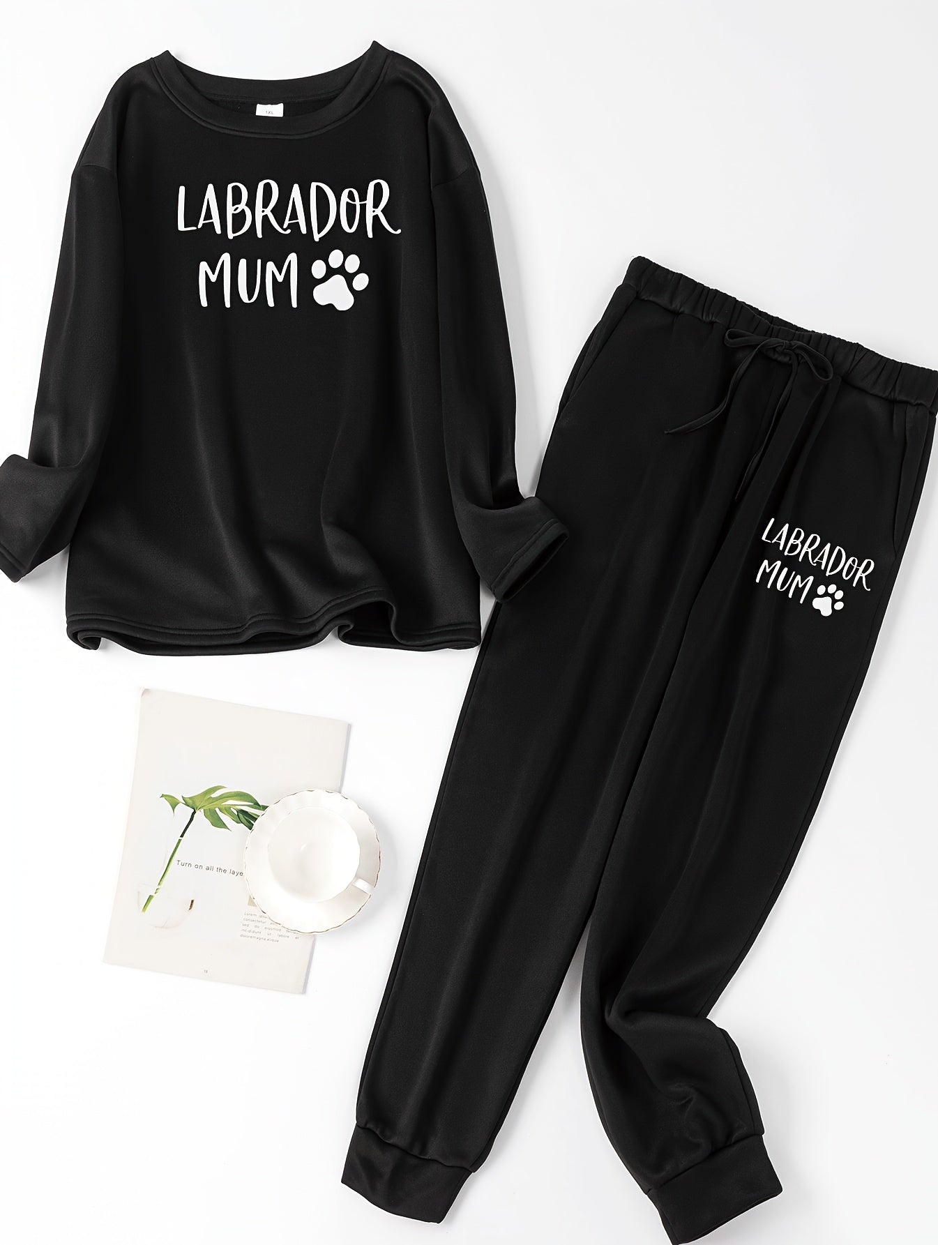  Puppy Print Lounge Set Fleece Lined Top & Joggers Pajamas