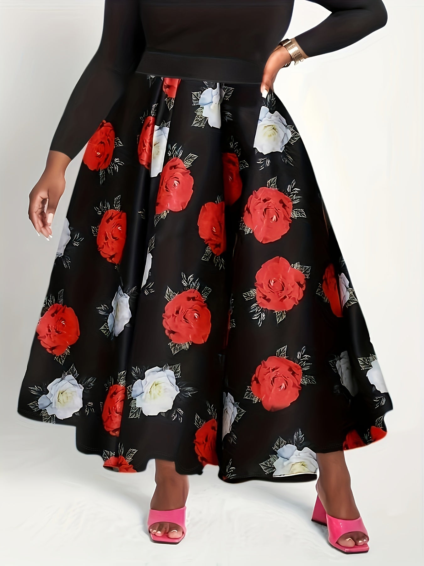  Floral Print Elastic High Rise A line Pleated Maxi Skirt