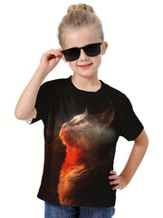 3D Cat Graphic Crew Neck Short Sleeve T shirt for Girls