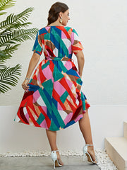  Colorblock Short Sleeve Dress With Belt