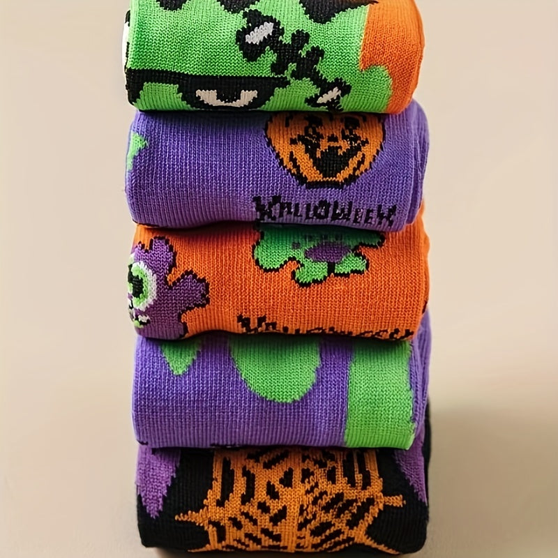 5 Pairs Pumpkin & Skull Print Socks Funny Halloween Crew Socks Women's Stockings