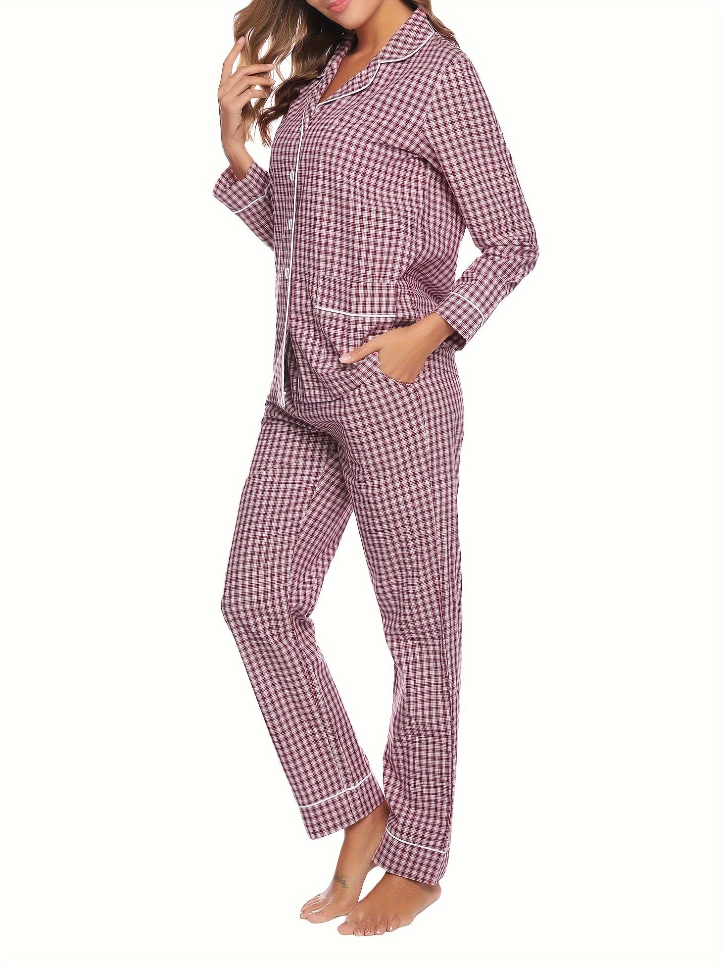Plaid Print Lounge Set Long Sleeve Buttons Top & Elastic Waistband Pants