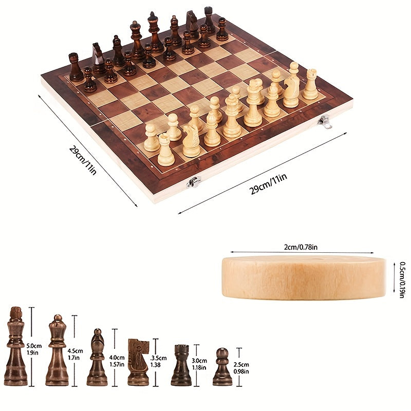 3 in 1 Chess Checkers Backgammon Set Wooden Classic Chess Pieces Board Case