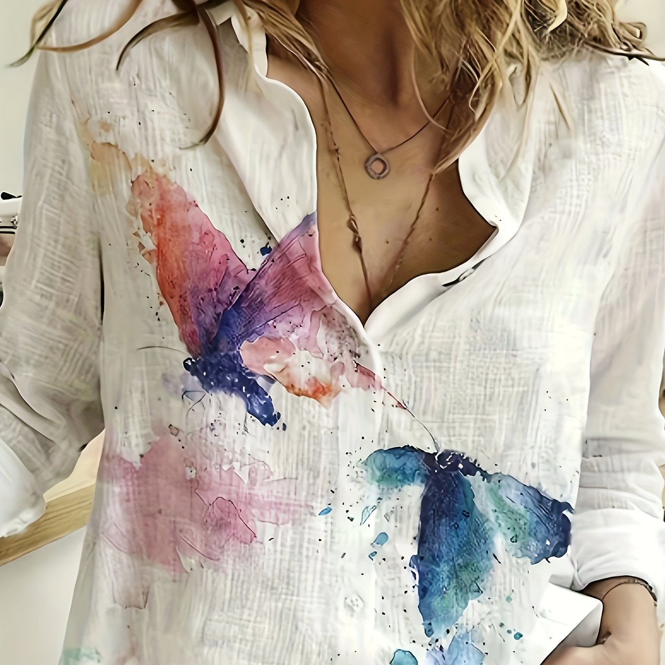  Tie Dye Butterfly Print Long Sleeve Blouse