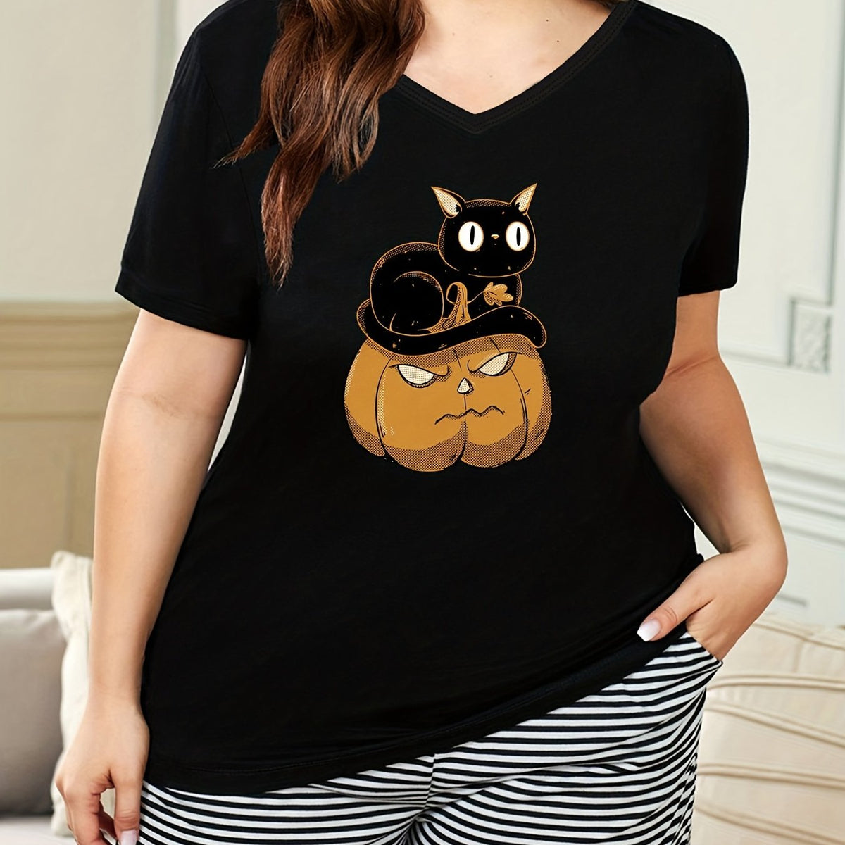  Halloween Lounge Top Women's Plus Cat & Pumpkin Print