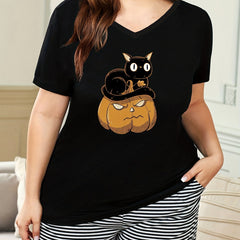  Halloween Lounge Top Women's Plus Cat & Pumpkin Print
