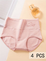 4pcs High Waist Stretchy Panties Breathable Solid Briefs