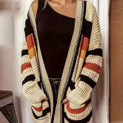  Striped Long Sleeve Open Front Cardigan with Pockets