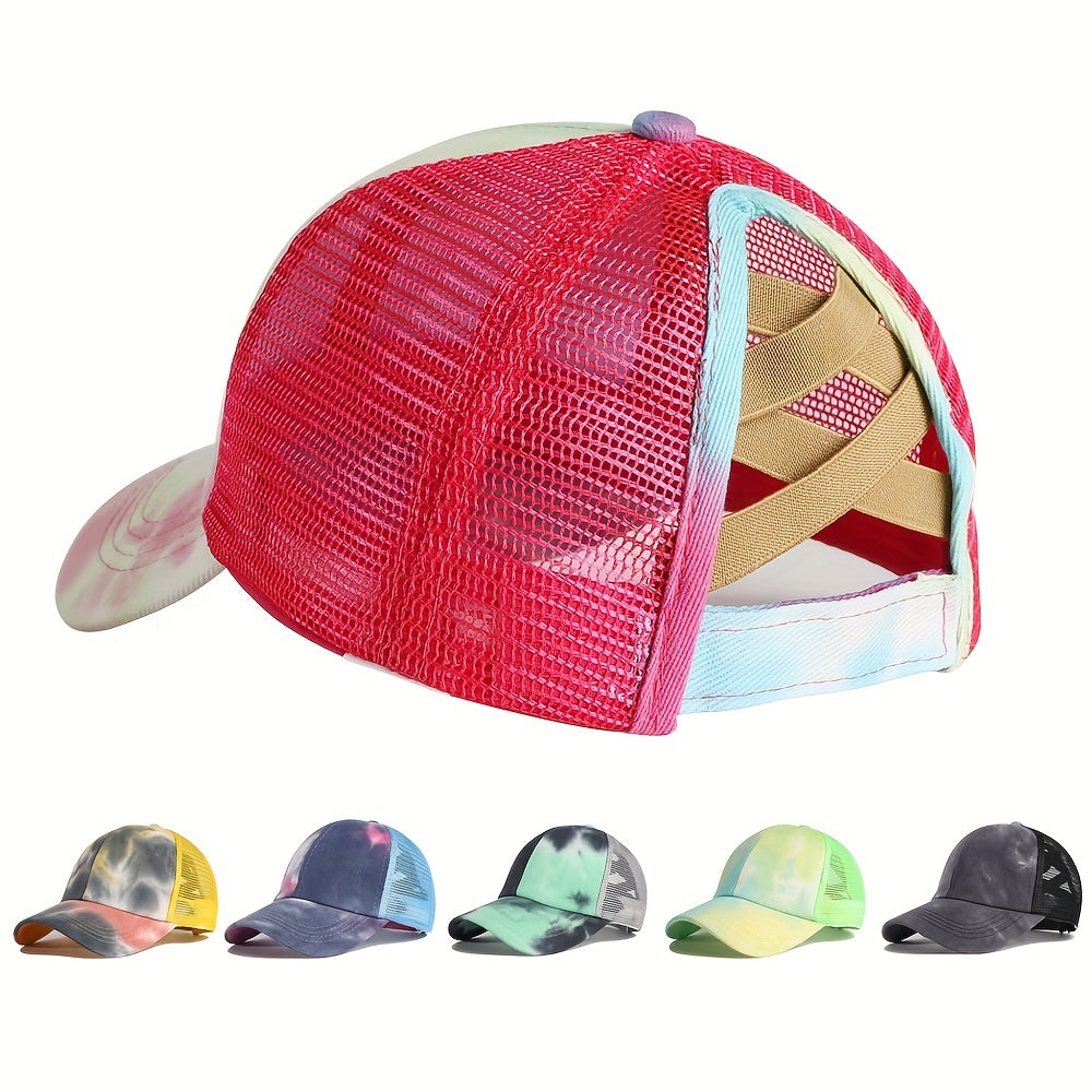 Tie Dye Criss Cross Ponytail Baseball Hat for Adults Trucker Graffiti Hat