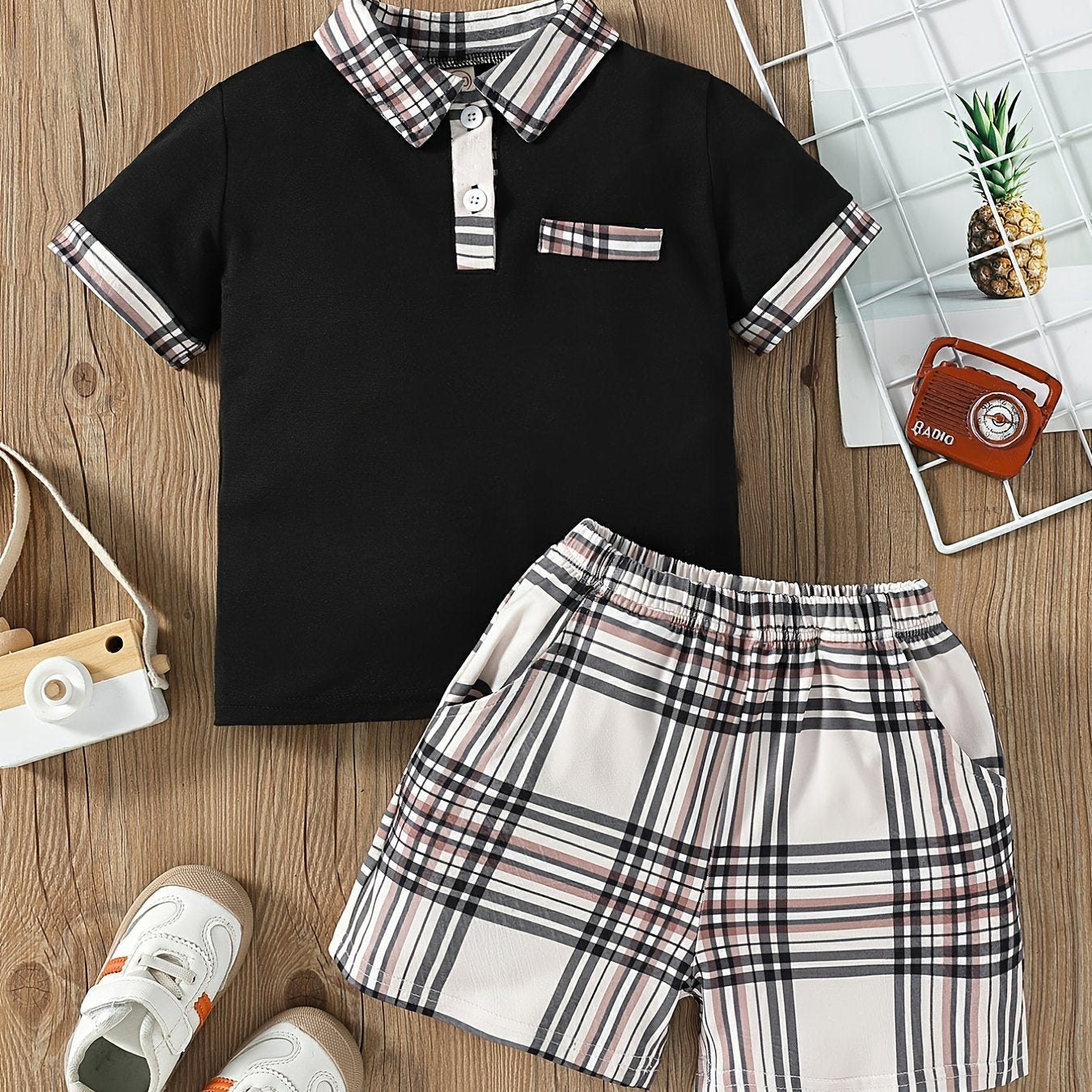 Boys Plaid Outfit Shorts & Polo Shirt Casual Summer Kids Clothes