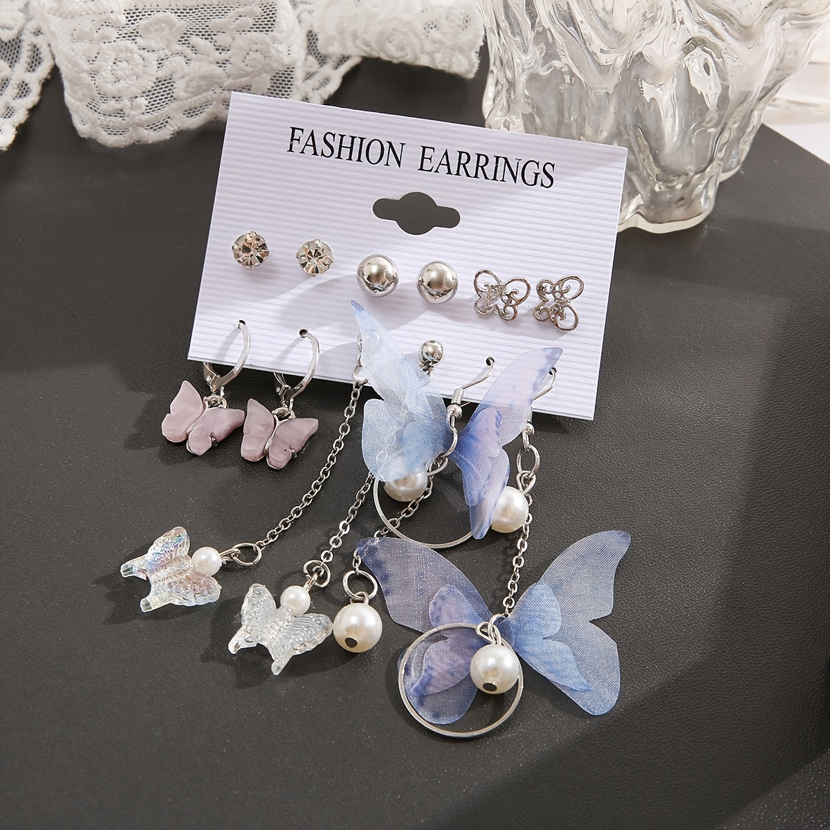 6 Pairs Butterfly Pearl Earrings Set