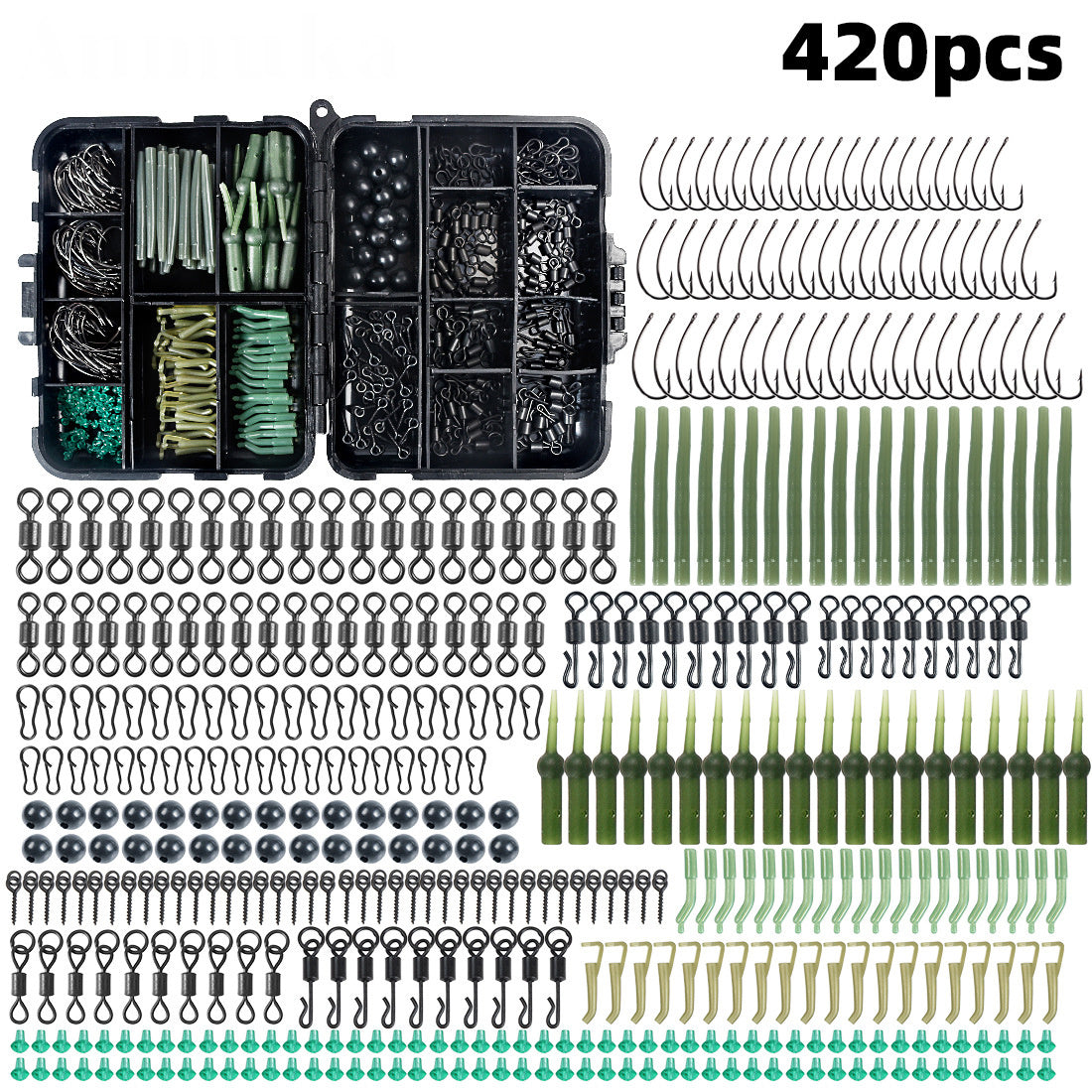 420 Piece Carp Fishing Kit Hooks Materials Portable Box Bass Silver Carp