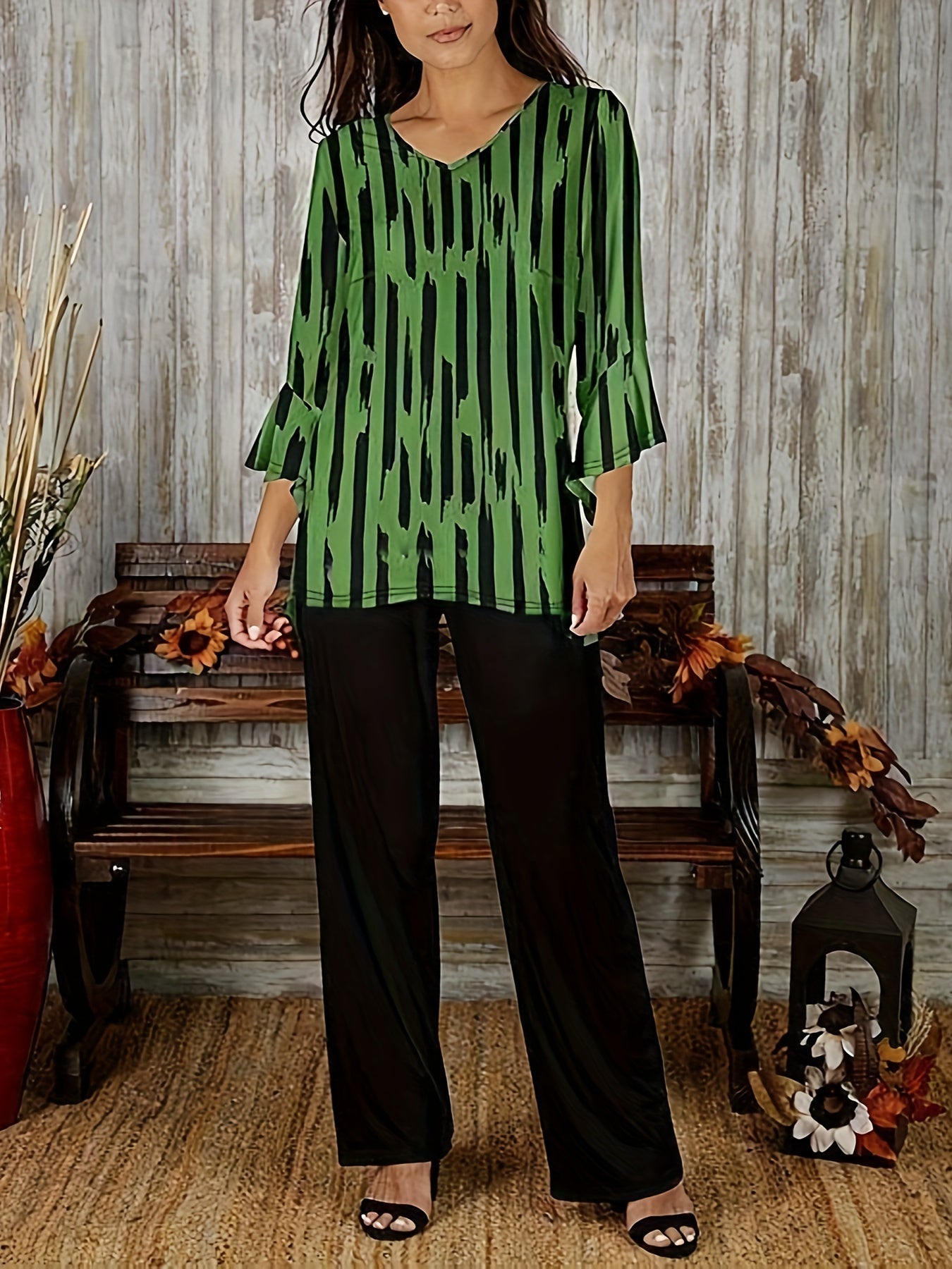 Women's Plus Striped Print Bell Sleeve Top & Wide Leg Pants Outfit Set