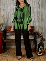 Women's Plus Striped Print Bell Sleeve Top & Wide Leg Pants Outfit Set