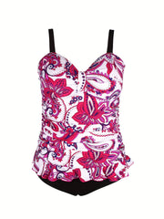  Floral Print Tankini Set with Ruffle Trim Cami Top & Brief
