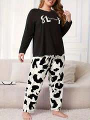  Eyelash & Cow Print Long Sleeve Round Neck T shirt & Pants Pajamas Set