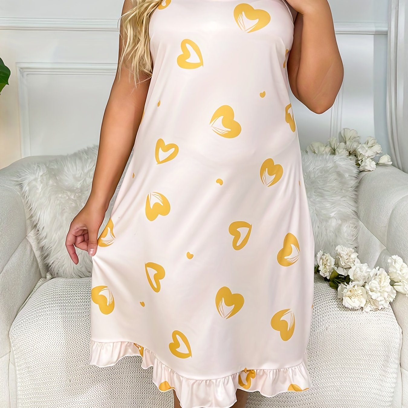  Casual Nightdress Women's Heart Print Ruffle Trim Cami Sleep Dress