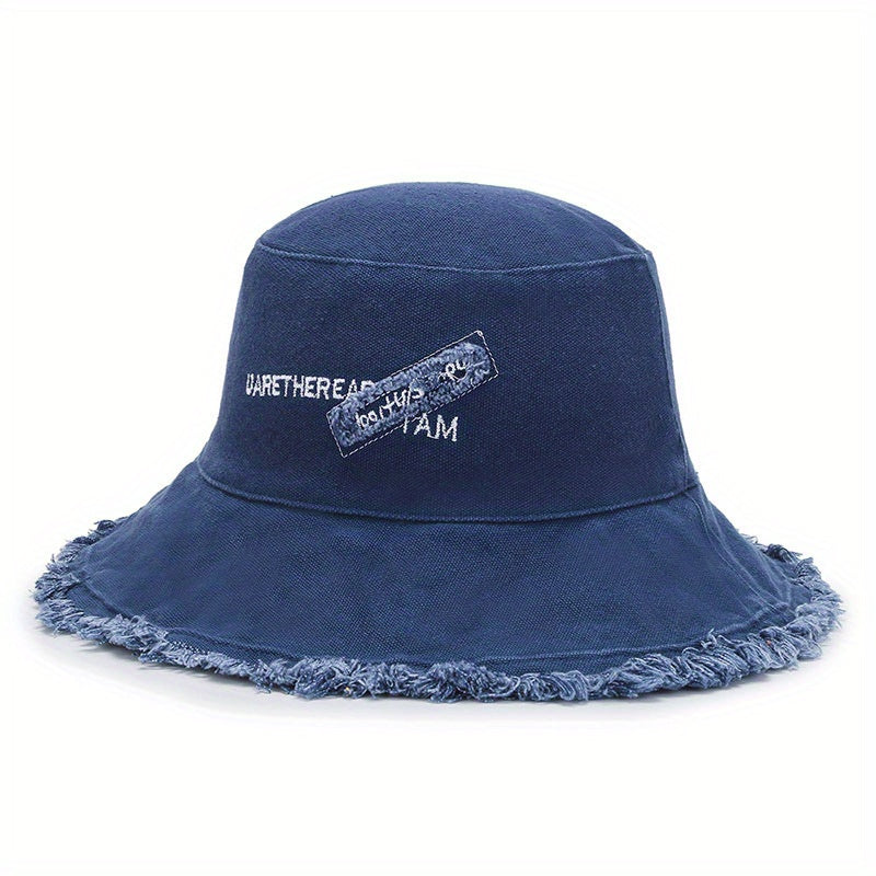 Vintage Embroidery Bucket Hat Frayed Brim Beach Sunscreen Outdoor Basin Hat