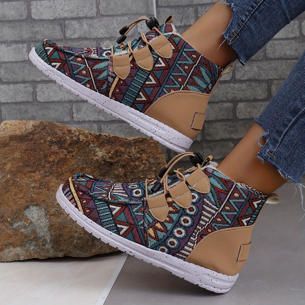 Retro Floral Pattern Round Toe Thickened Warm Autumn And Winter Boots