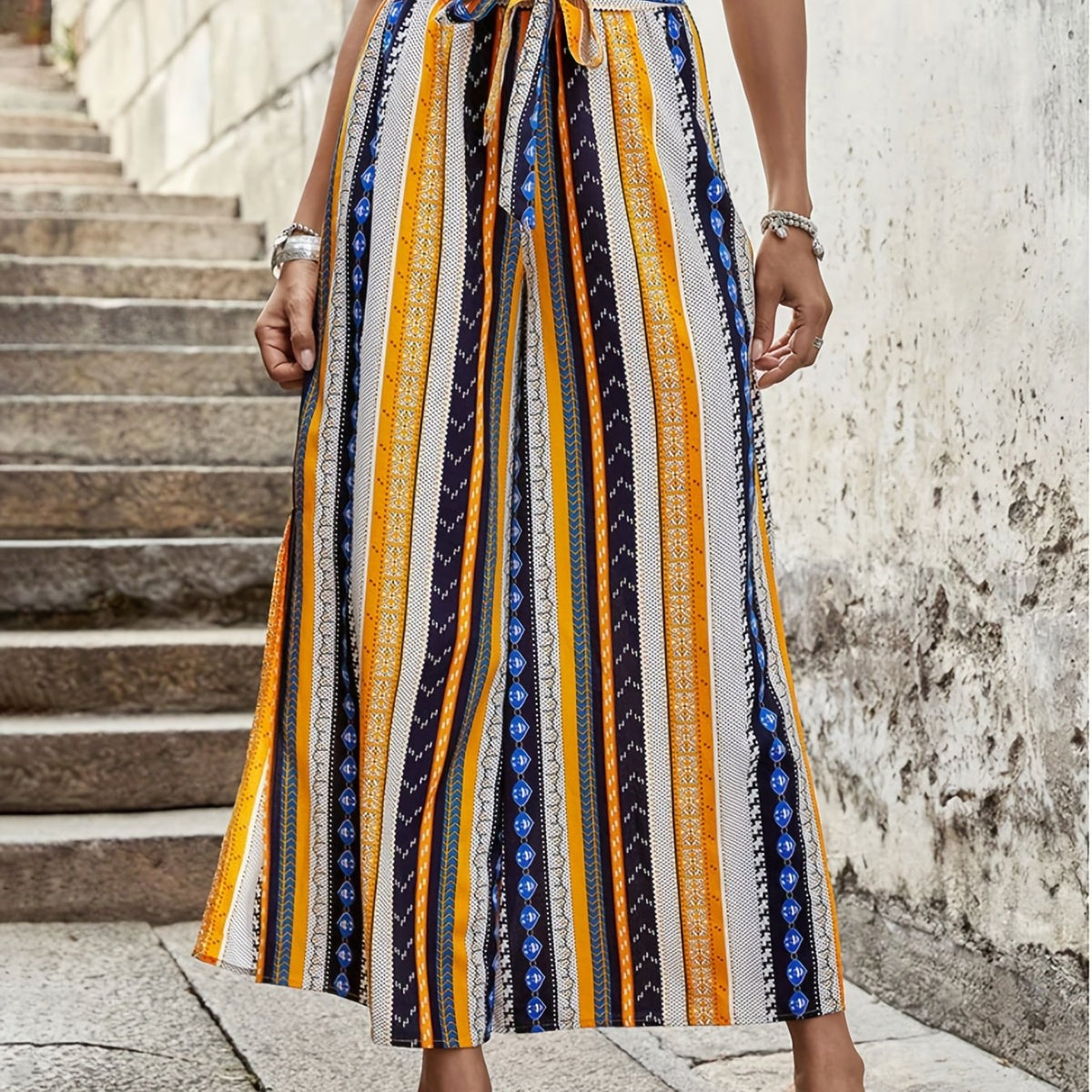  Boho Pants Women's Plus Patchwork Print Wide Leg Trousers