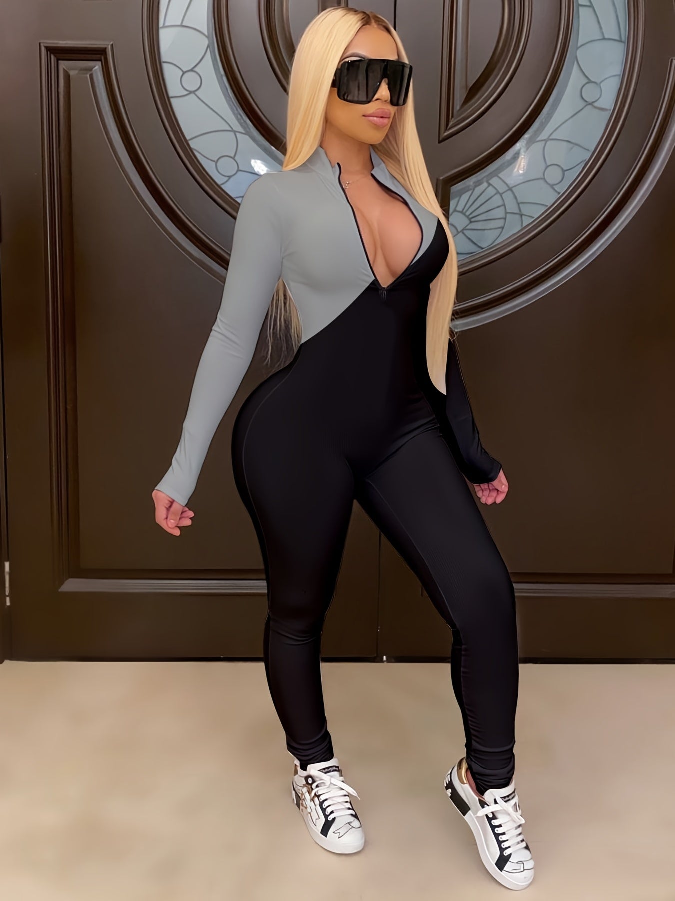 Sexy V Neck Long Sleeve Bodycon Jumpsuit