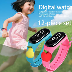 12pcs LED Digital Watch Set Fruit Pattern Soft Strap 24 Hour Display
