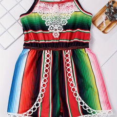 Toddler Girls Colorful Striped Graphic Lace Trim Cami Rompers Jumpsuits