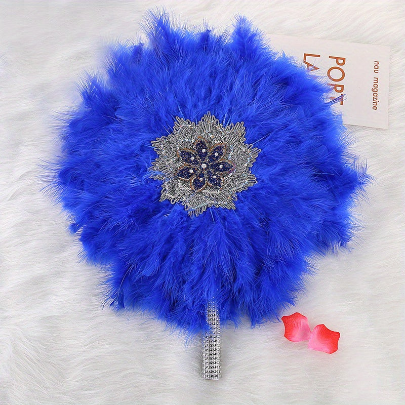 Colorful Plush Fan Inlaid Rhinestone Large Round Faux Feather Fan