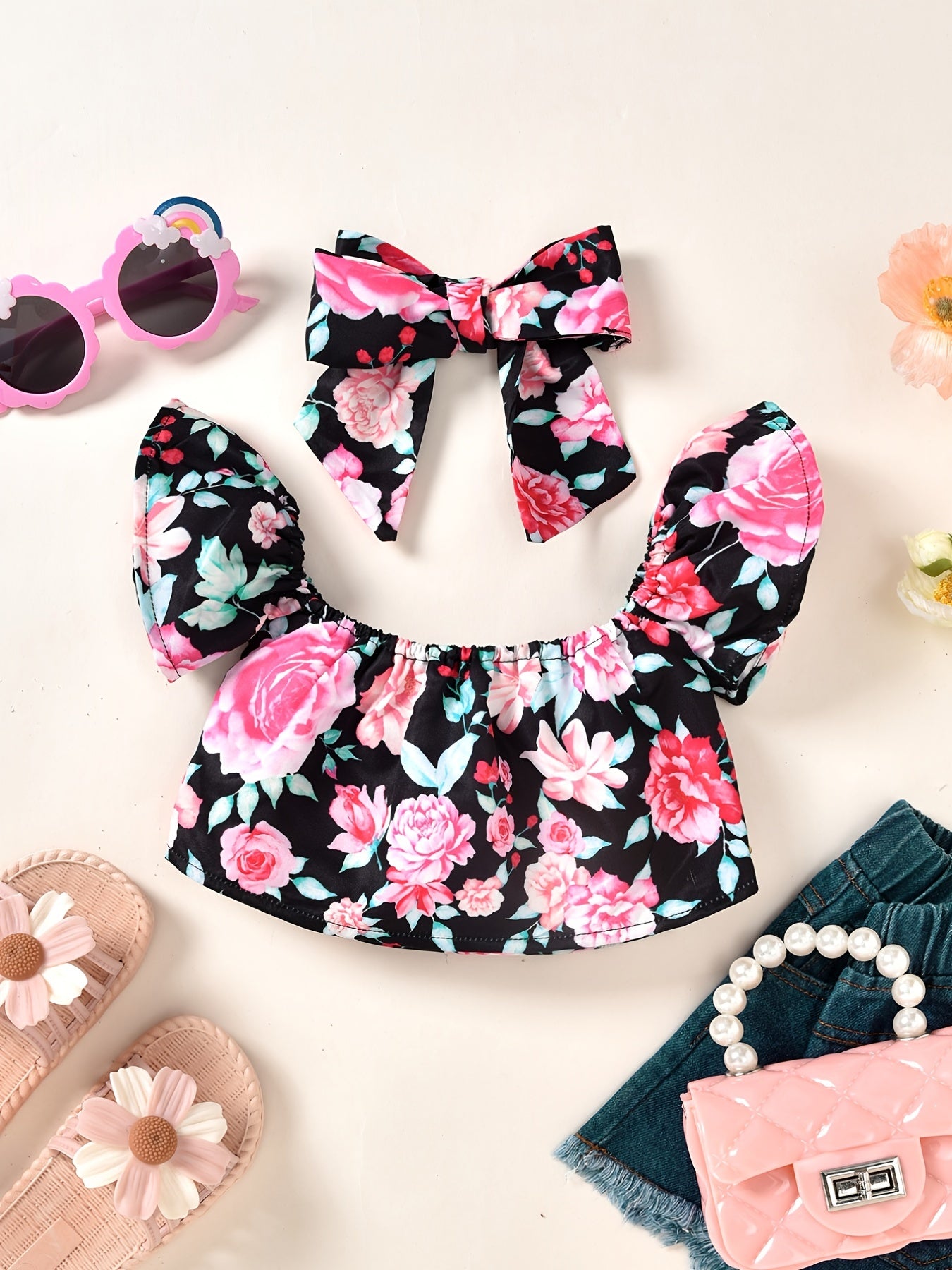 2pcs Baby Girls Floral Off Shoulder Top & Headband Set