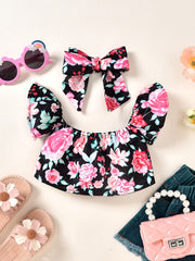 2pcs Baby Girls Floral Off Shoulder Top & Headband Set