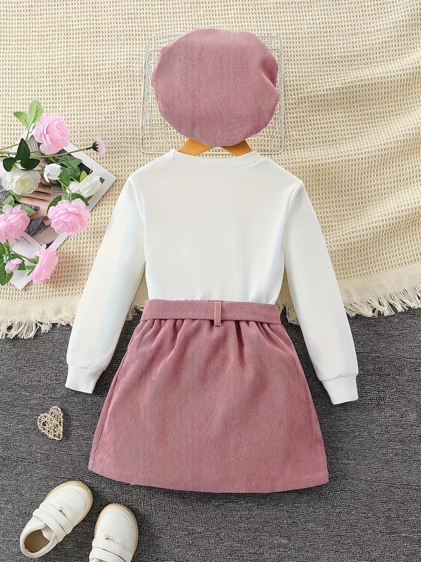 Girl's 3pcs Corduroy Heart Top & Beret & Skirt Set for Spring Fall