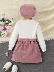 Girl's 3pcs Corduroy Heart Top & Beret & Skirt Set for Spring Fall