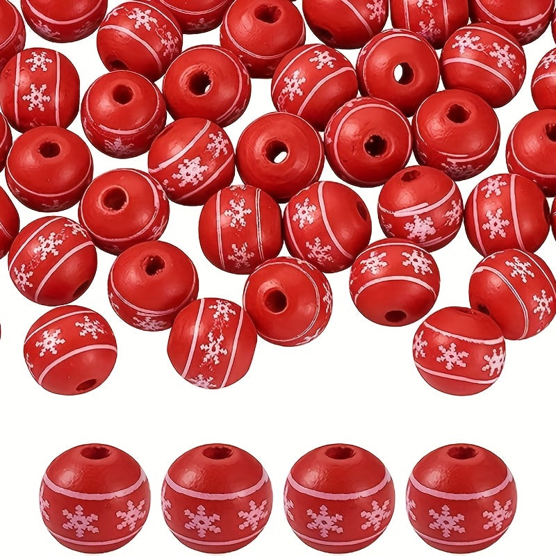 40Pcs Christmas Wood Beads 16mm Red Snowflake Pattern Wooden Spacer Beads