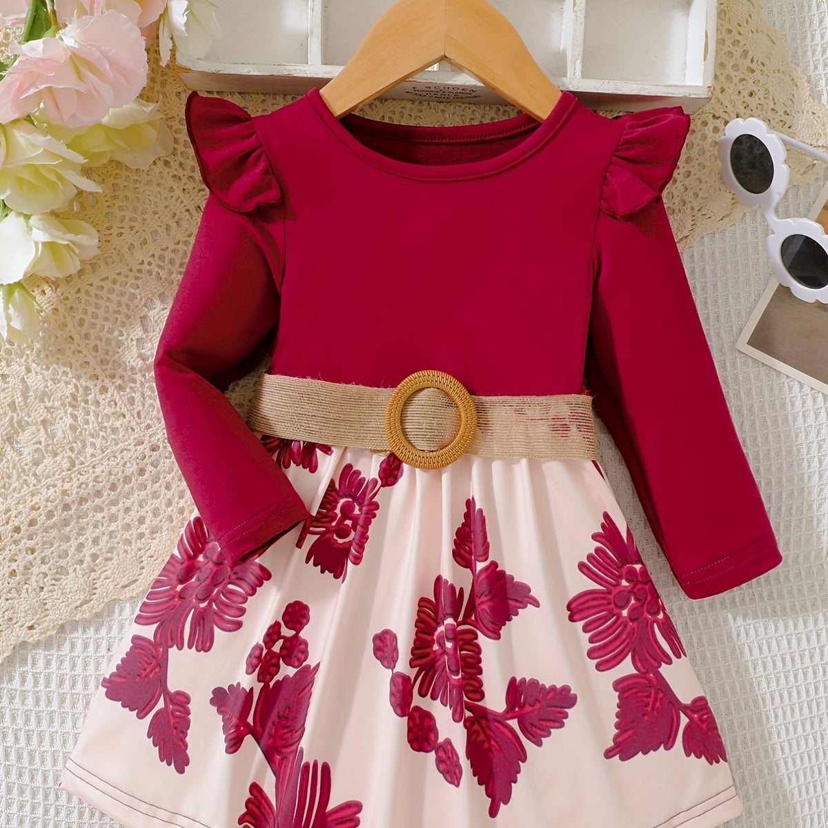 Baby Girls Floral Belted Dress Long Sleeve Sundress