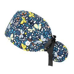 Cartoon Rose Print Work Cap Scrub Cap Adjustable Nurse Hats Elastic Lace Up Cap